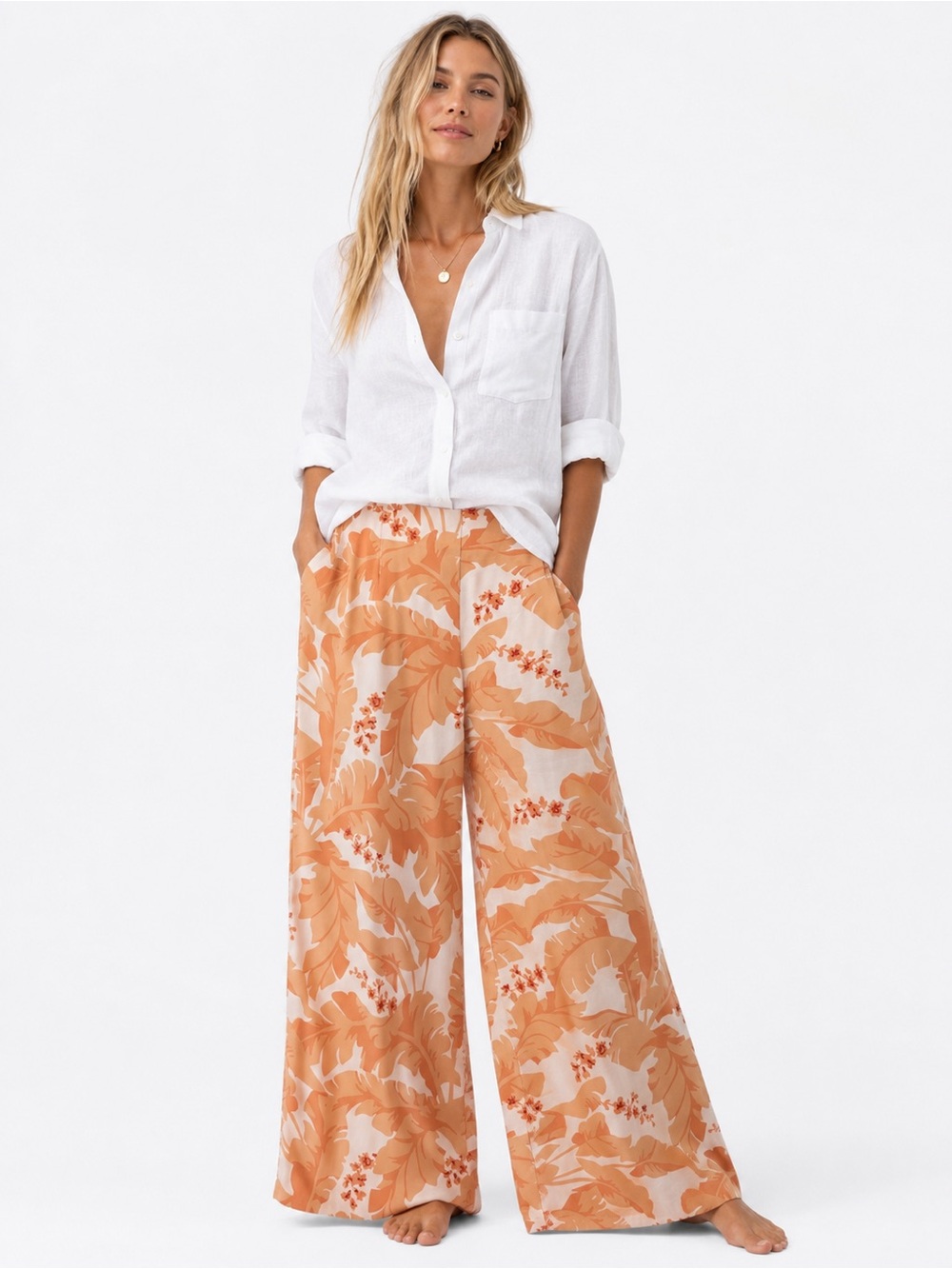Soft Surroundings Tropical Wide Leg Palazzo Pants Peach Palm Resortcore Boho M